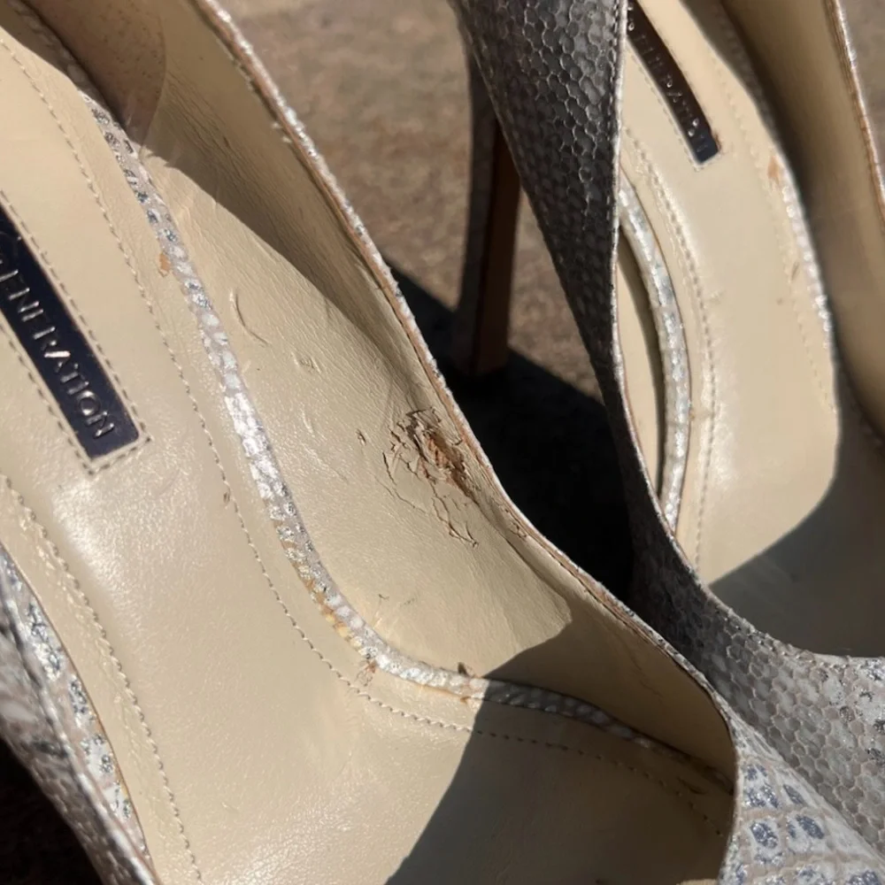 BCBGeneration Silver Metallic Snake Skin Stiletto Heels Barely Worn!